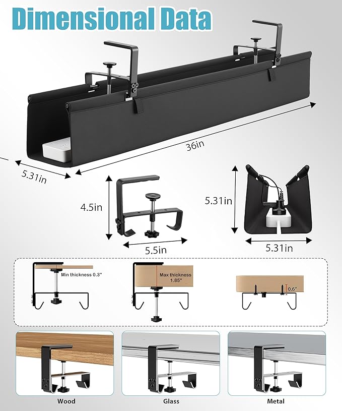 Oxford Cloth Under Desk Cable Management Tray,No-Drill 36" Desk Cable Management Organizer with Clip/Screw Installation,Fabric Cable Management for Home,Office & Gaming Computer(Black)