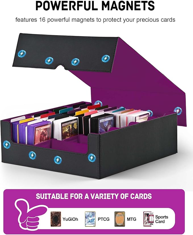ZLCA Card Storage Box for MTG PTCG, Commander Deck Box Holds 3200+ Cards, Trading Card Storage Case with 4 Stoppers, Card Organizer for TCG Sport Cards(Black&Purple)