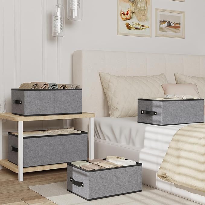 Fabric Storage Boxes, 16.1 × 9.8 × 6.5 Inch Storage Baskets with Handles, Foldable Cube Organizer Bins,Gray, Large, 4-Pack