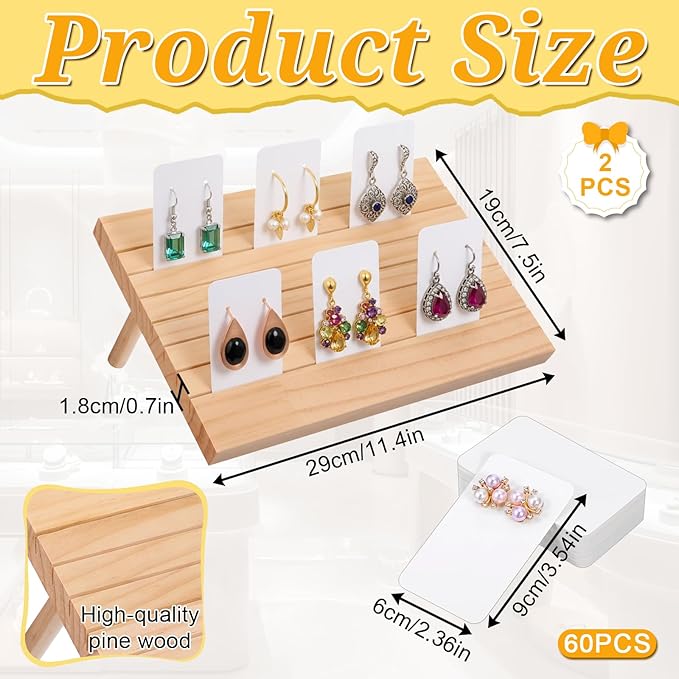 2 Pcs Natural Wood Earring Display Stands with 60 Pcs Earrings Display Cards, 7 Slots Wood Earrings Card Holder, Jewelry Displays Holder with Earring Cards, Jewelry Stands for Selling