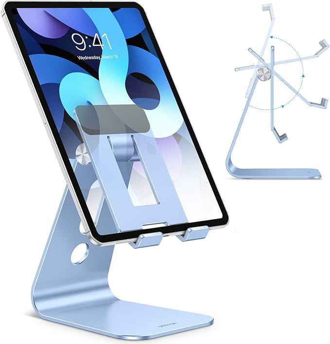 OMOTON Adjustable Tablet Stand for Desk, Upgraded Longer Arms for Greater Stability, T2 Tablet Holder with Hollow Design for Bigger Sized Phones and Tablets Such as iPad Pro/Air/Mini, Blue