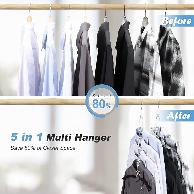Space Saving Clothes Hangers, Multilayer Metal Hanger 2 Pack 5 in 1 Space Saver Coat Hangers, Anti-Slip Foam Padded Shirt Suit Hanger for Closet Storage Organizer
