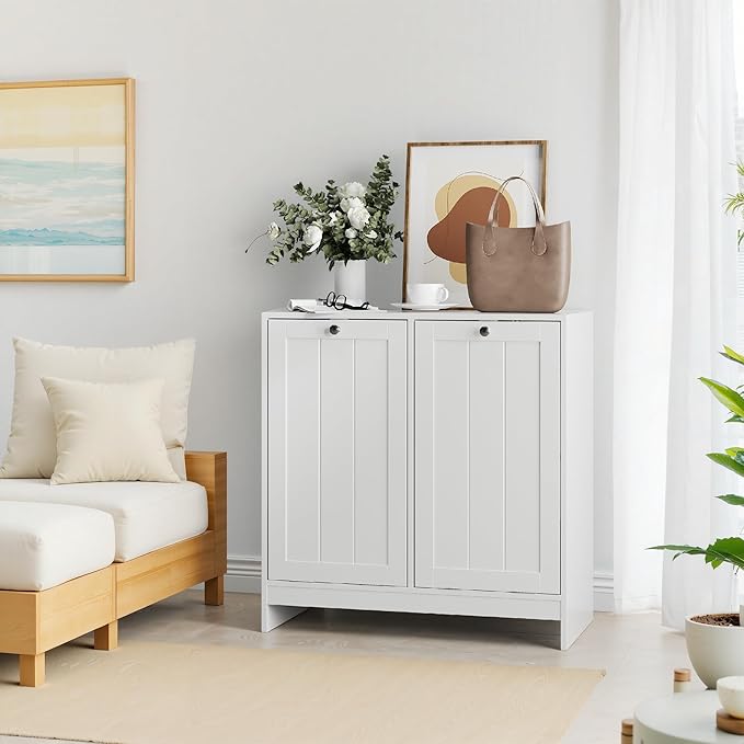 Tilt-Out Double Laundry Hamper Cabinet, White, 26.8" H x 26" W x 12" D, 5.9 Gal Capacity, MDF Construction.