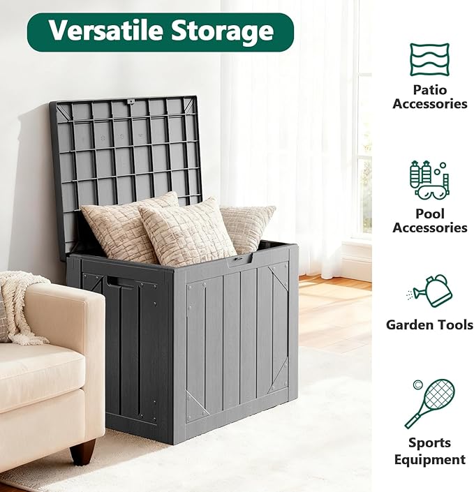 Outdoor Storage Box, 30 Gallon Deck Box Outdoor Storage Bench Outside Waterproof Resin Storage Bench, Lockable Patio Cushions, Garden Tools Storage For Furniture, UV Resistant(Gray)
