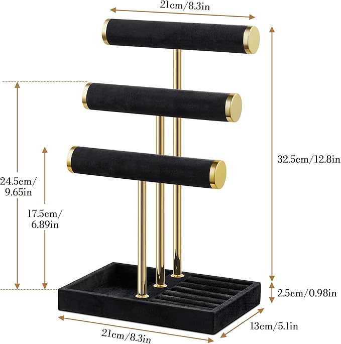 Bracelet Holder Jewelry Organizer Display - 3 Tier T Bar Velvet Stand, Black Jewelry Storage for Bracelet, Necklaces, Earrings, Watches