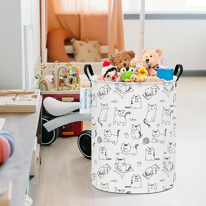 LANGYASHAN Laundry Basket Canvas Fabric Collapsible Organizer Basket for Storage Bin Toy Bins Gift Baskets Bedroom Clothes Children Nursery Hamper (Cat)