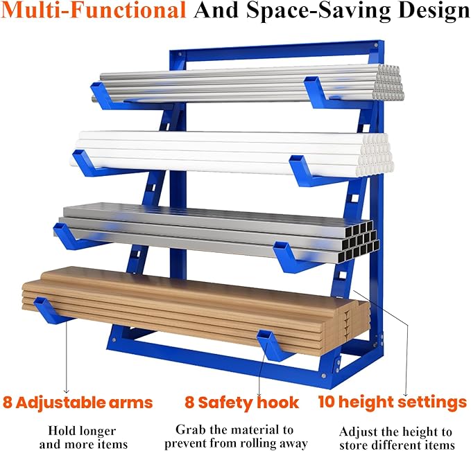 48x16x62'' Heavy Duty 4 Tiers Horizontal Lumber Storage Rack, 2400lbs Load Alloy Steel Lumber Pipe Organizer Shelf, Adjustable Bar Storage Cantilever Rack for Garage Workshop, Woodworking Shop