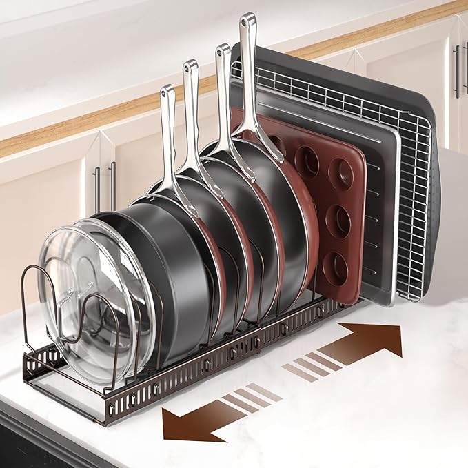 ORDORA Pots and Pans Organizer under Cabinet with Pan Holder: Expandable 11.8"-22.8" Kitchen Cabinet Organizer Rack, 12 Adjustable Dividers Storage for Cookie Sheets, Cutting Boards & Lid, Bronze