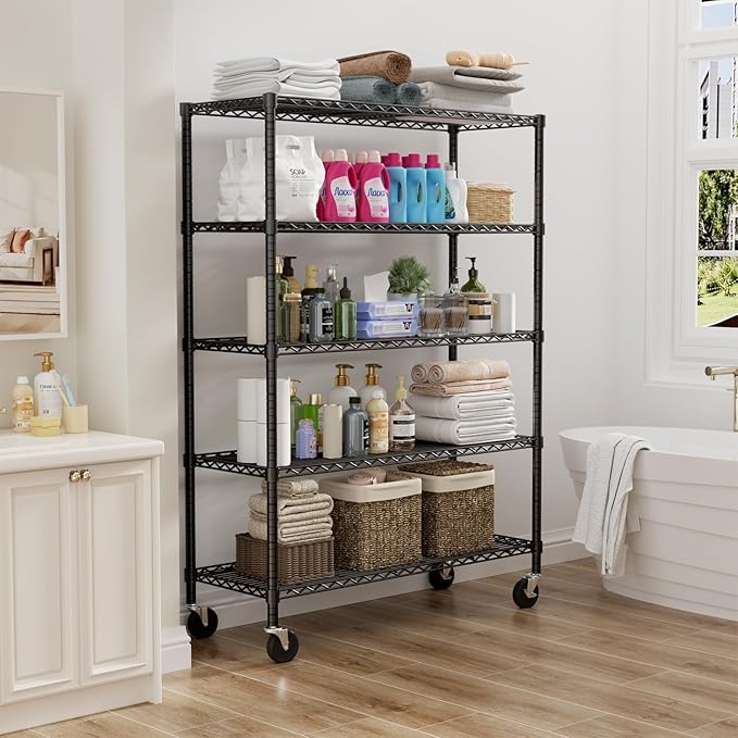 Storage Shelves Heavy Duty with Wheels,45"W x 20"D x 72"H Garage Wire Shelving Unit Loads 2000LBS,5-tier Adjustable Metal Industrial Utility Shelf Rack for Kitchen,Laundry,Pantry,Warehouse,Basement