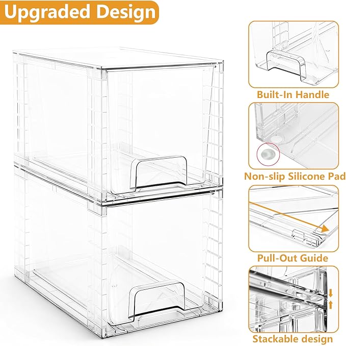 2 Pack Large Stackable Storage Drawers, Acrylic Bathroom Undersink Closet organizers and storage, Clear Plastic Bins for Pantry, Kitchen Cabinets, Makeup, Perfume, Baby Bottles, Medicine Organization