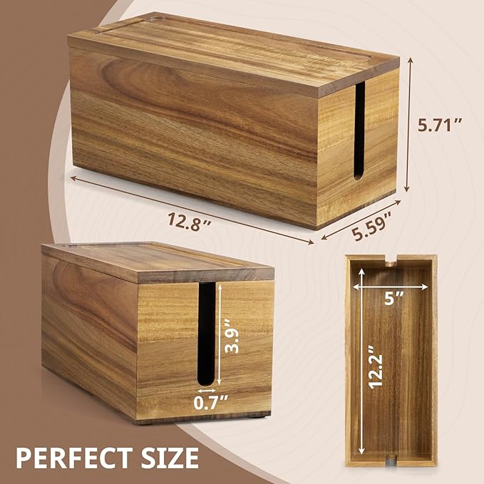 Acacia Wood Cable Management Box - Cable Organizer Box - 2 Open Slots Cords Hider Box - Under Desk Cord Organizer for Power Strip Extension Cord Surge Protector Charger Wire