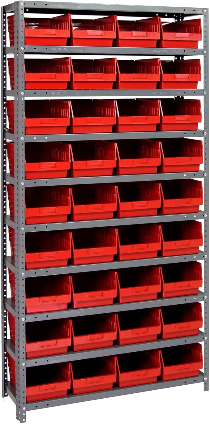 Quantum Storage Systems 1275-207RD Store More Steel Shelving Unit with 6" Shelf Bins, 12" D x 36" W x 75" H, Red