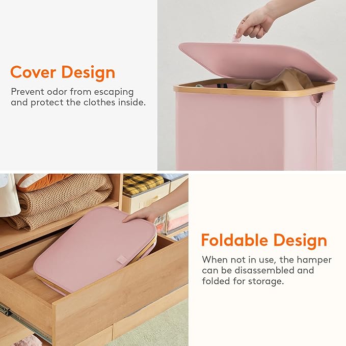 Lifewit 80L Laundry Basket with Lid, Clothes Hampers for Laundry with Bamboo Handles and A Removable Bag, Large Foldable Laundry Hamper for Bedroom, Bathroom, Dorm, Laundry Room, Pink