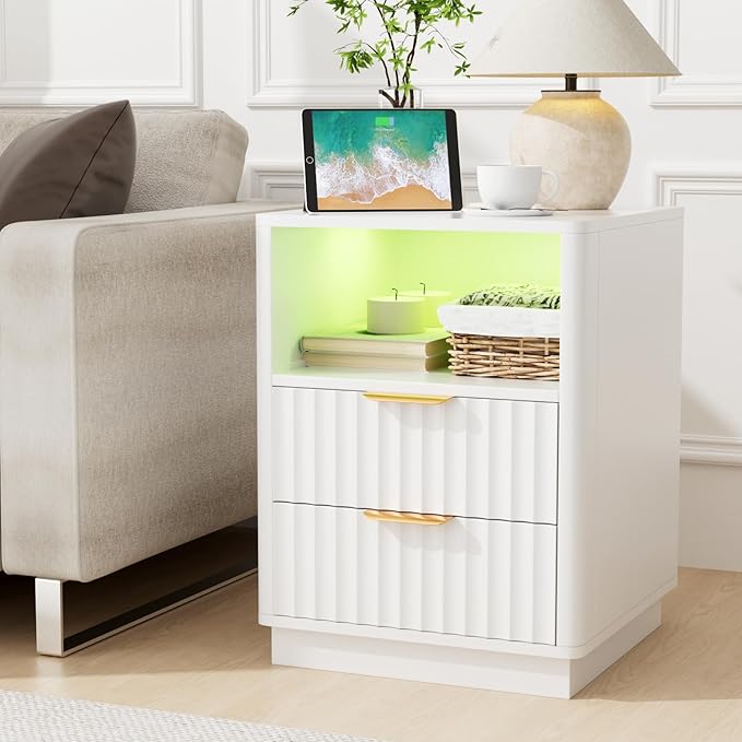 VOWNER Fluted Nightstand with Charging Station, 18” RGB Night Stand with 2 Drawers, End Table with Storage Shelf, Curved Profile Design Side Table, Bedside Table for Bedroom Living Room, White