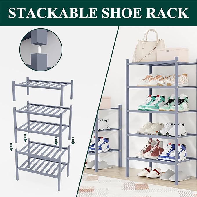 Smiry Bamboo Shoe Rack for Closet, 3 Tier Long Wooden Stackable Shoe Organizer, Free Standing Shoes Storage Shelf for Entryway, Front Door Entrance, Grey