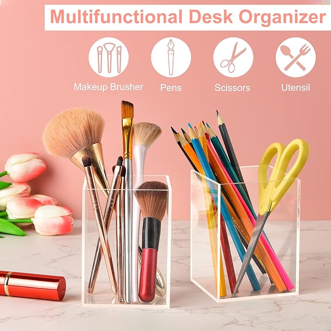 Mototo 2 Pieces Clear Acrylic Pen Holder & Pencil Cup Clear Makeup Bush Holder Acrylic Desktop Stationery Organizer for Office School Home Desk Accessories - 2 Pack, Square
