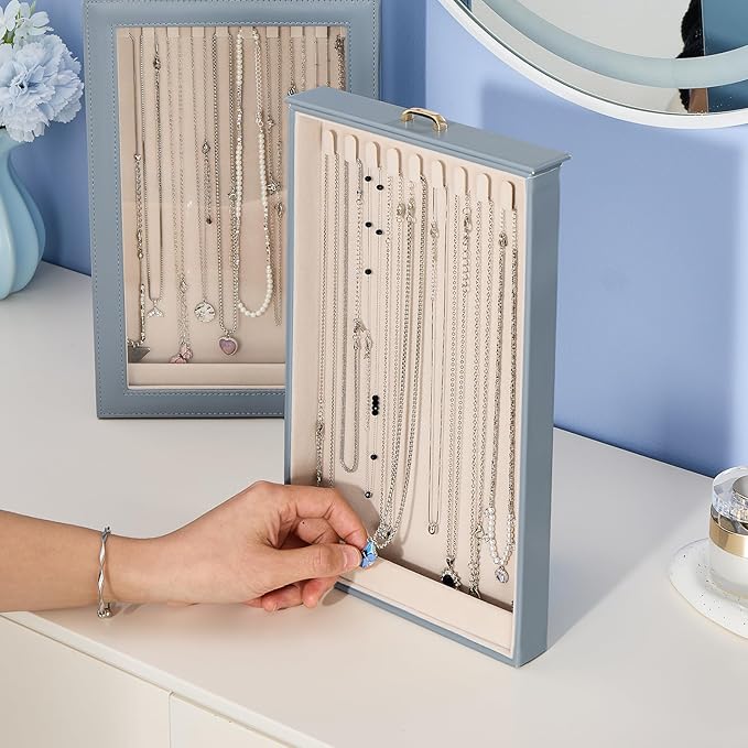 Lolalet Necklace Organizer Box, 2-Layer Jewelry Storage Boxes with Clear Lid for Necklaces, Tangle-Free Necklace Display Case for Women Girls -Dusty Blue