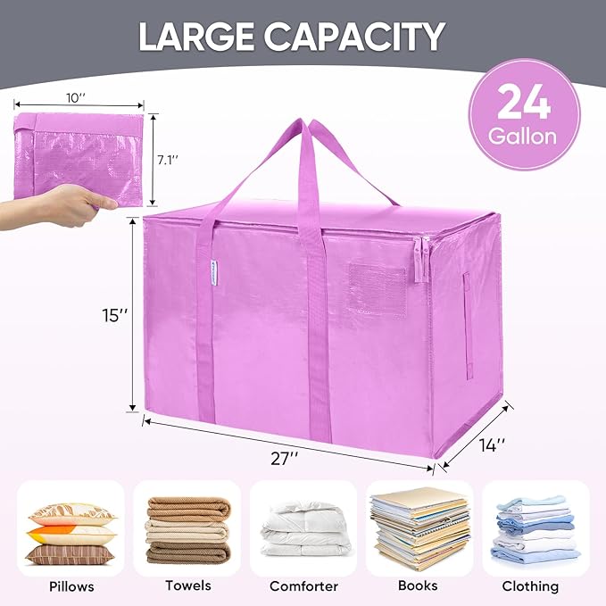 TICONN 4 Pack Extra Large Moving Bags with Zippers & Carrying Handles, Heavy-Duty Storage Tote Moving Boxes for Space Saving (4 Pack, Pink)