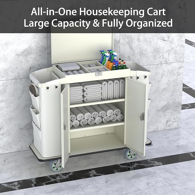 Heavy Duty Metal Housekeeping Janitorial Cart,Silent Casters,Locking Large Capacity Cabinets,Cleaning cart for Housekeeping/Commercial Facility/Hotel/Stadium/School(White)