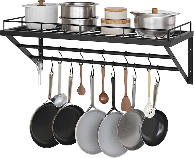 Pot Rack, 30 Inch Wall Mounted Pot Rack, Kitchen Pot and Pan Organizer with 2 Tier Hanging Rails, 12 S-Hooks, Space Saving, for Kitchen Cookware Organizer, Black PR02BK