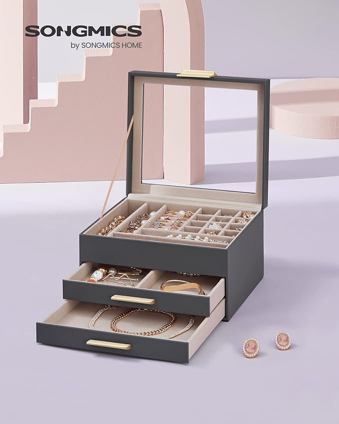 SONGMICS Jewelry Box Organizer with Glass Lid, 3-Layer Jewelry Storage, with 2 Drawers, Modern Style, Christmas Gift, 8 x 9.1 x 5.3 Inches, Interstellar Gray and Gold Color UJBC239G02
