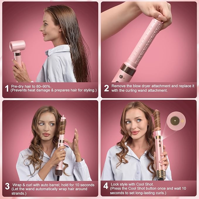 Dual Voltage StyleVibe 6-in-1 Air Styler, Hair Dryer & Blow Dryer Brush with Travel Case - Auto Wrap Curls (L/R), Fast Drying, Thermal Brush for Blowouts & Frizz-Free Volume, No Heat Damage