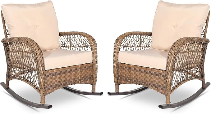 VIVIJASON 2 Piece Patio Wicker Rattan Rocker Chair, Outdoor Rattan Rocker Chair with Cushions & Steel Frame, All-Weather Rocking Lawn Wicker Furniture for Garden Backyard Porch (Beige)