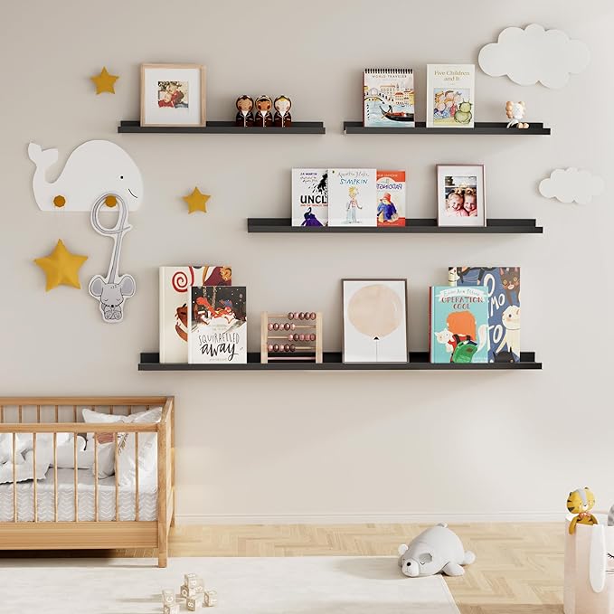 Fun Memories Picture Ledge Shelf for Wall, Floating Shelves Set of 4, 48 Inch Long Nursery Book Shelves for Toys Storage, Kids Bookshelf Wall Mounted for Books Photo Frames, Black