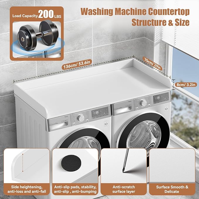 Washer Dryer Countertop, 27.5" D x 54" W Washer and Dryer Topper Covers with Edge Rails, Wood Laundry Room Countertop Shelves for Laundry Room Organization and Storage (White)