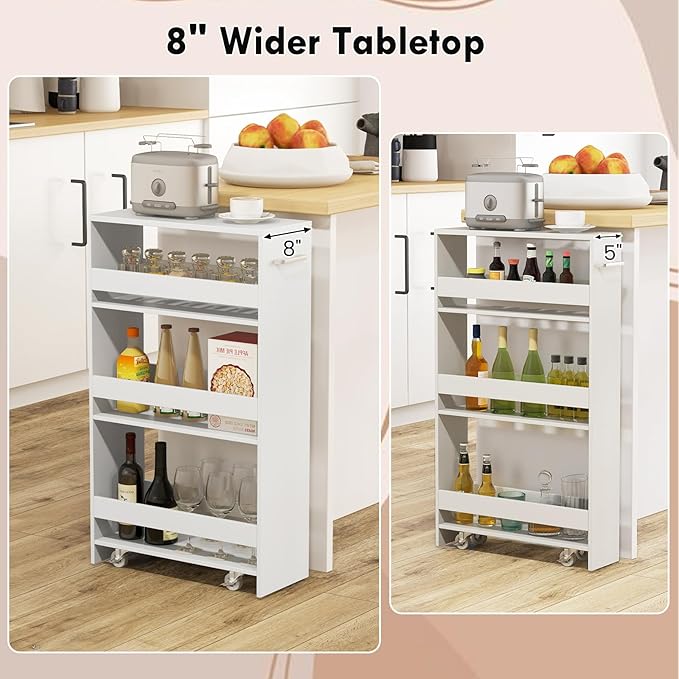 LOKO 4-Tier Rolling Storage Cart, 8 Inches Slim Kitchen Cart on Wheels with Open Shelves & Handle, Laundry Room Cart Between Washer and Dryer, for Narrow Space Bathroom Next to Fridge (White)
