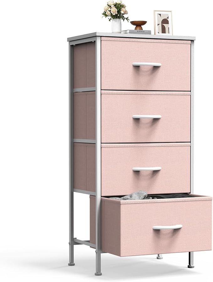 Sweetcrispy Nightstand Small Bedroom Dresser with 4 Fabric Drawers,Bed Side Furniture End Table,Wooden Top Cabinet Night Stand Dresser for Closet,Entryway,Dorm,Pink