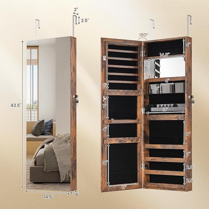 CHARMAID Jewelry Cabinet Wall or Door Mounted, Hanging Lockable Jewelry Armoire Storage with Full Length Mirror, Interior Makeup Mirror, Over the Door Jewelry Organizer Box with Mirror (Rustic Brown)