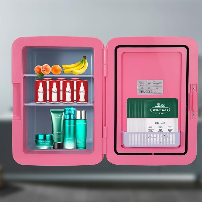JOYSTAR 10 Liter/12 Cans Mini Fridge for Bedroom, Office, Dorm & Car, Portable Small Refrigerator for Skincare, Makeup, Beverage, Drinks, Thermoelectric Cooler & Warmer, Glass Door, Pink