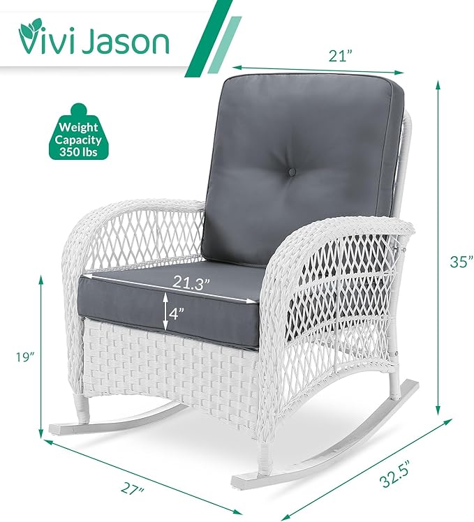 VIVIJASON 2 Piece Patio Wicker Rattan Rocker Chair, Outdoor Rattan Rocker Chair with Cushions & Steel Frame, All-Weather Rocking Lawn Wicker Furniture for Garden Backyard Porch (White Wicker/Grey)
