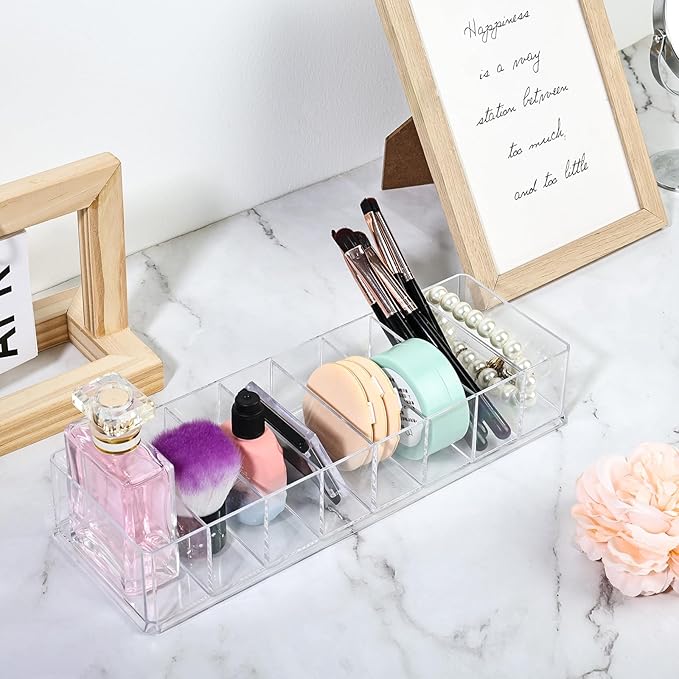 Acrylic Makeup Brush Organizers,3 Pack 8 Section 8 Compartments Transparent Plastic Lipstick Holder Clear 9.96x3.46x1.81 Inches Storage Square Cube for Bathroom Jewelry Accessories