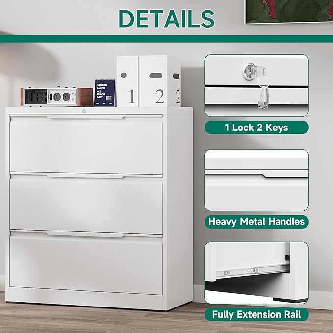 Filing Cabinet with Lock,Lateral File Cabinets 3 Drawer Metal Wide Filing Organization,Home Office School Furniture for Hanging Files Letter/Legal/F4/A4 Size - White