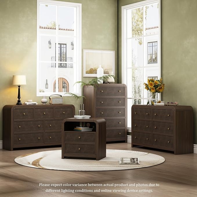 Oak&Sparrow 6 Drawer Dresser for Bedroom, 49'' Rattan Dresser with Ample Storage, Boho Chest of Drawers, Thickened Curved Profile Design, Dark Walnut Dressers for Bedroom, Living Room