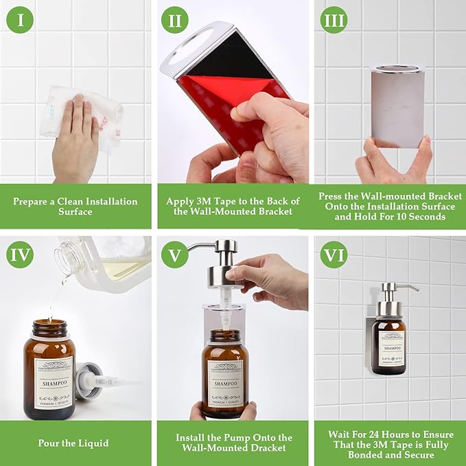 Glass Soap Dispenser with Pump and Wall Mount Holder,8.5 Oz Shampoo and Conditioner Dispenser,Dish Soap Dispenser with Waterproof Labels,2 Pack|Silver