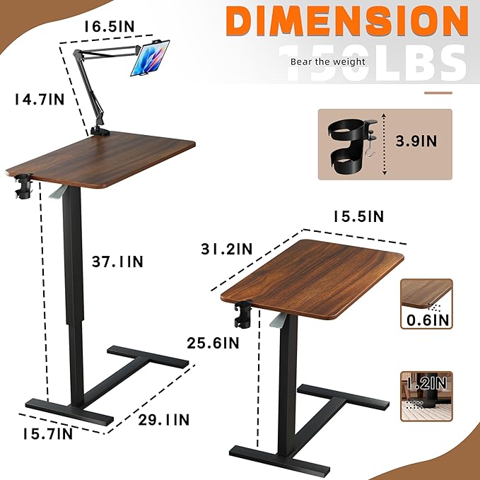 Overbed Bedside Table with Wheels, Adjustable Hospital Bedside Desk, Rolling Laptop Table, Mobile Standing Desk, Laptop with Cup Holder & Phone/Tablet