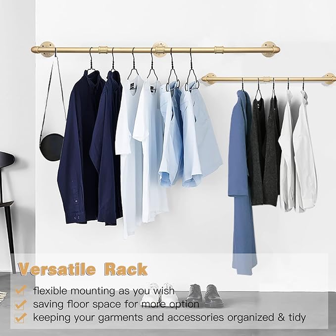 Wall Industrial Pipe Clothes Racks, DIY Floating Hanger Rustic Home Pipe Decor, Mounted Closet Storage Organizer Holder Systems, Heavy Duty Garment Rod Pole For Cloakrooms Bathroom Black Iron