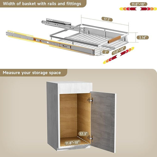 1 Pack Expandable Pull Out Cabinet Organizer，Side Mounting 11.8~18"x17.3"Cabinet Pull Out Shelves, Expandable Slide Out Spice Rack for Kitchen Bathroom Office