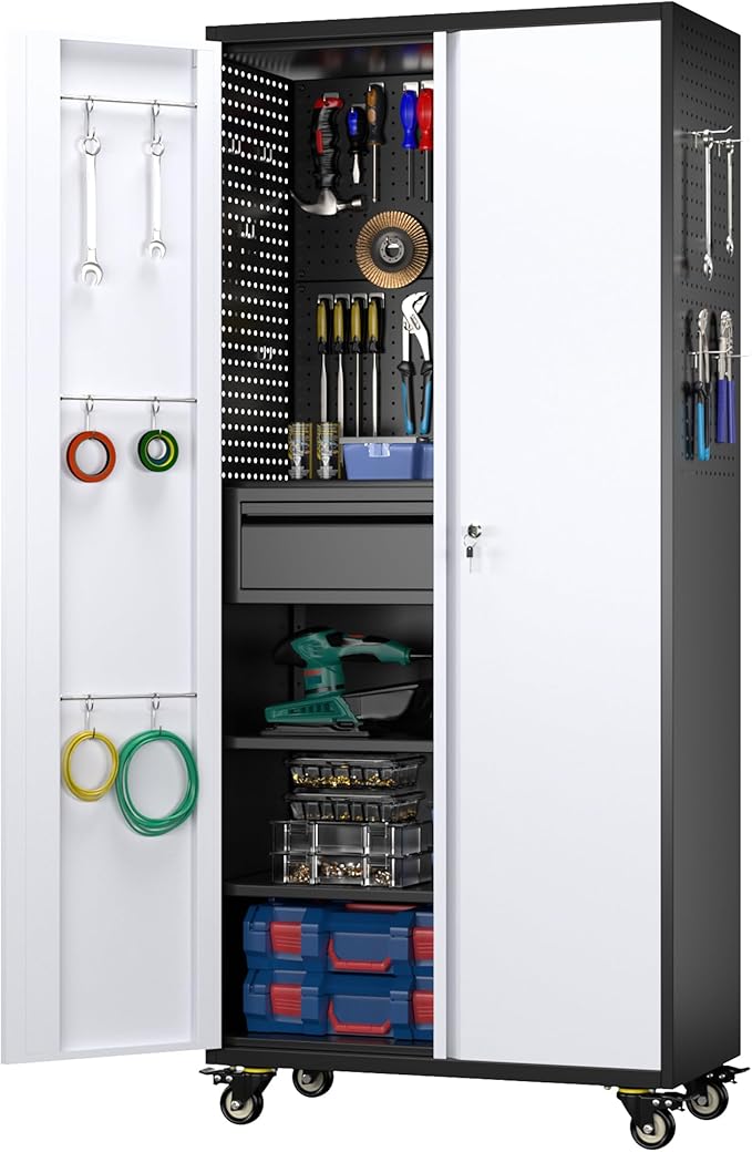 Aobabo Garage Storage Cabinet with Wheels and 1 Interior Drawer, 71"H Metal Rolling Tool Cabinet with 16 Hooks and 2 Adjustable Shelves for Garage, Home, Office, Kitchen, Assembly Required, Black Gray