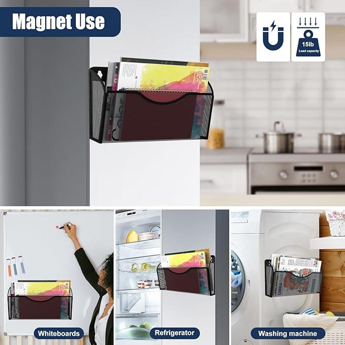Magnetic File Holder 3 Pockets File Folder Organizer, Office Hanging Magazine Rack for File Cabinets, Magnetic Paper Holder, No Drilling Mail Organizer for Refrigerator, Whiteboard, Office, Kitchen