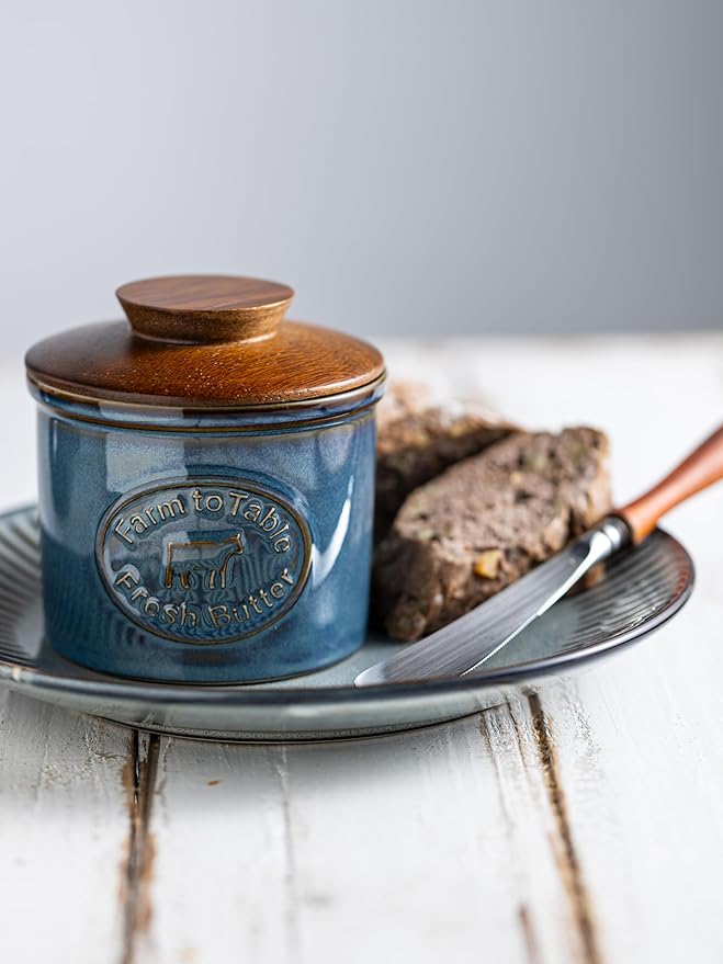 Ceramic Butter Dish with Lid, Butter Crock for Countertop, French Butter Keeper, Farmhouse Cow Pattern, Blue
