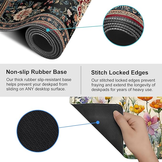 Vintage Persian Carpet Mouse Pad – Large Extended Desk Mat 35.43 x 15.75 in – Oriental Floral Rug Design, Non-Slip Rubber Base, Stitched Edges, Soft Keyboard & Mouse Mat for Office or Gaming