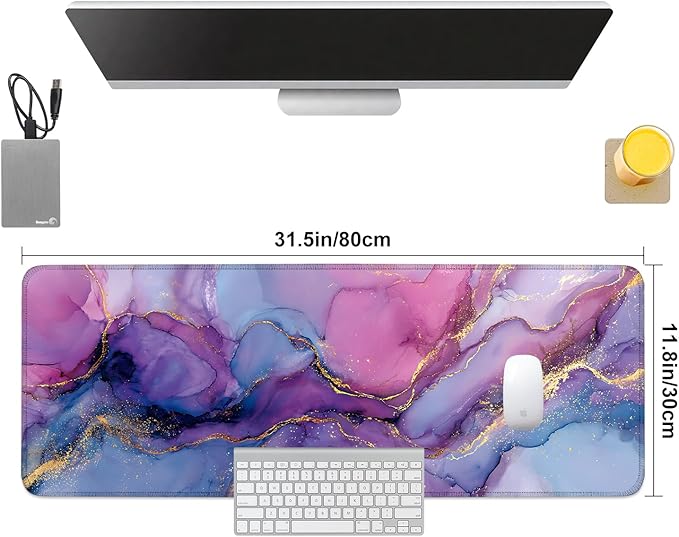 Purple Marble Ink Mouse Pad – Large Extended Desk Mat 31.5 x 11.8 in– Alcohol Ink Watercolor with Gold Vein Design, Non-Slip Base, Waterproof Surface, Aesthetic Keyboard & Mouse Pad