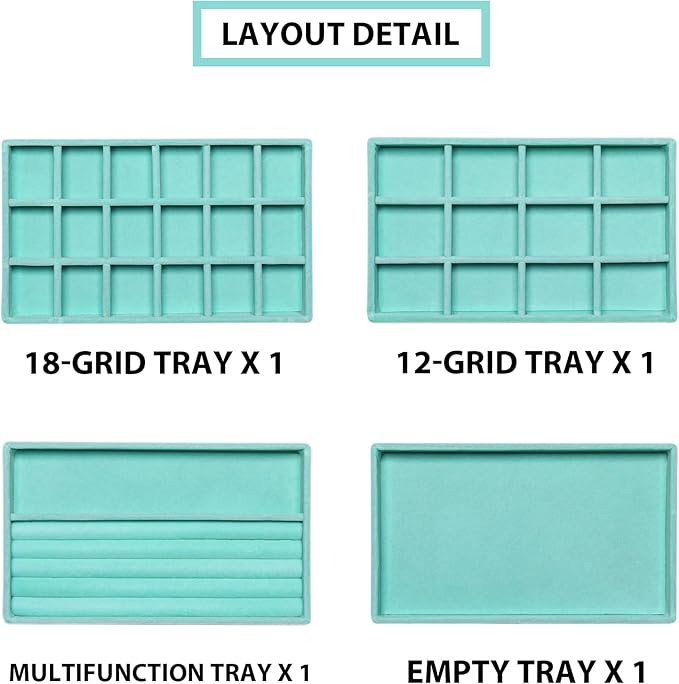 Frebeauty Jewelry Organizer Tray,Stackable Velvet Jewelry Trays,Drawer Inserts Earring Organizer For Women Jewelry Storage Display Case for Rings Stud Necklaces,Set of 4(Turquoise)