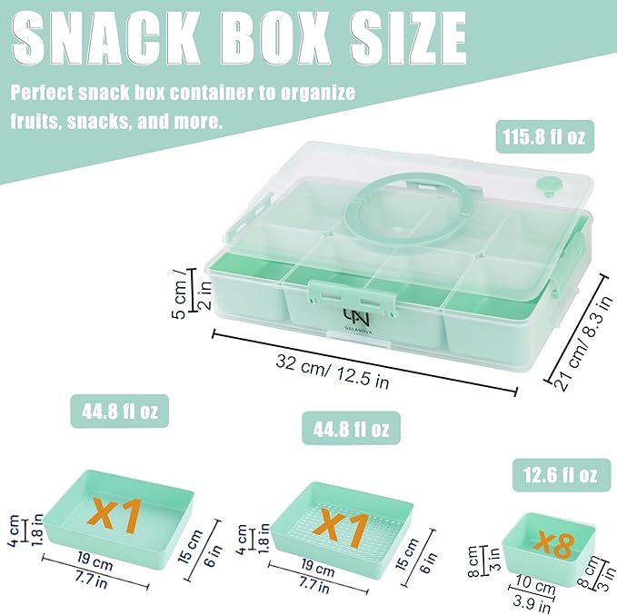 Snackle Box Container - 10 Compartments Including 2 XL, Dishwasher & Microwave Safe, Divided Serving Tray with Lid and Handle, BPA-Free, snack box (1 PCS, Green, 1 Box with 2 XL Compartments)