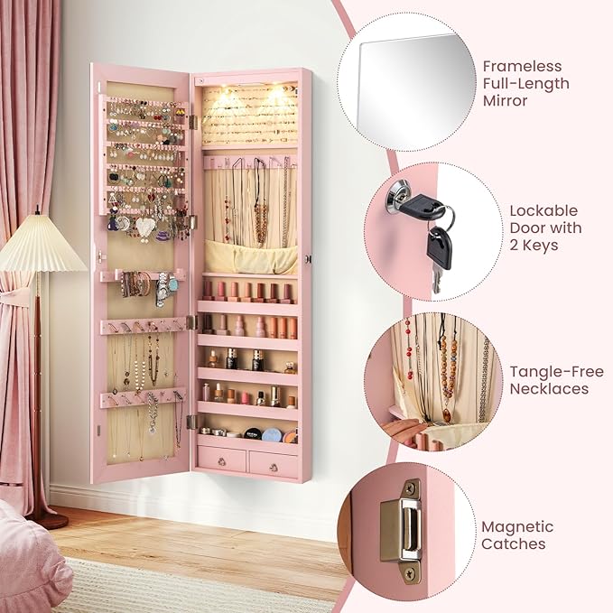 Giantex Wall Door Mounted Jewelry Armoire Cabinet with 47.5" Full Length Mirror, 2 LEDs Lockable Jewelry Organizers and Storage, Over the Door Jewelry Organizer Cabinet with 2 Drawers (Light Pink)
