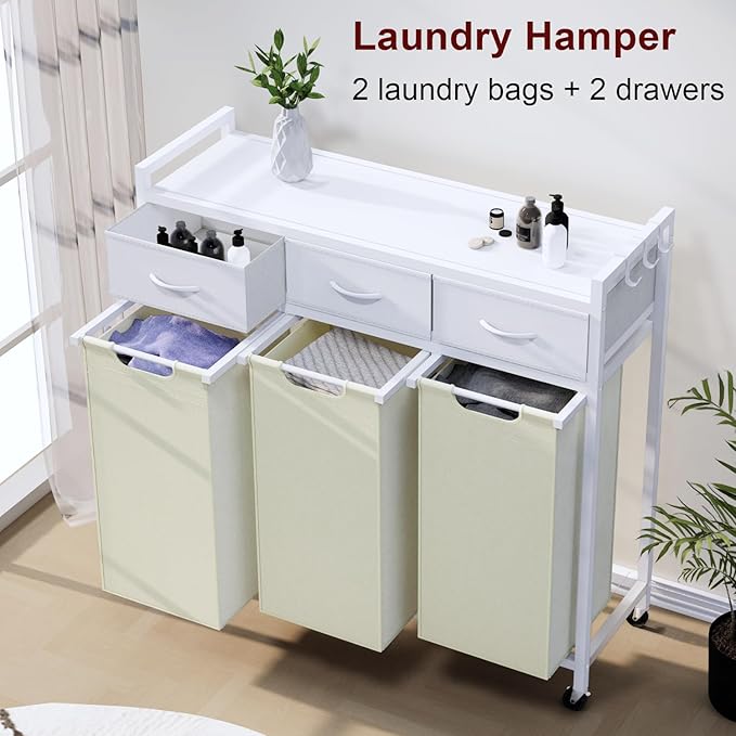 Laundry Hamper, Laundry Sorter 3 Section, Rolling Laundry Basket with Wheels, 3 Drawers, 3 × 14.5 Gal (55 L), Pull-Out and Removable Oxford Fabric Bags, White and Beige